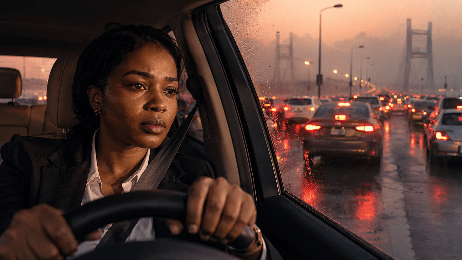 A corporate worker dealing with Lagos traffic on the Third Mainland Bridge, emphasizing the need for healthy lifestyle tips for office workers to manage burnout