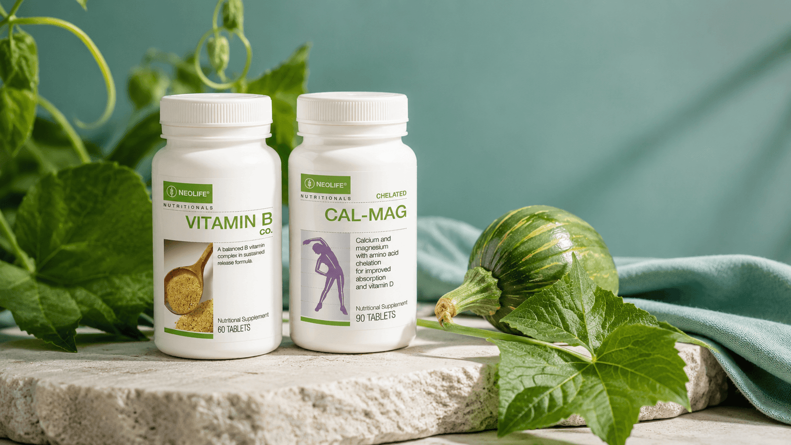 Two bottles of Neolife supplements (Vitamin B Complex and Chelated Cal-Mag) next to Ugu leaves—essential healthy lifestyle tips for office workers