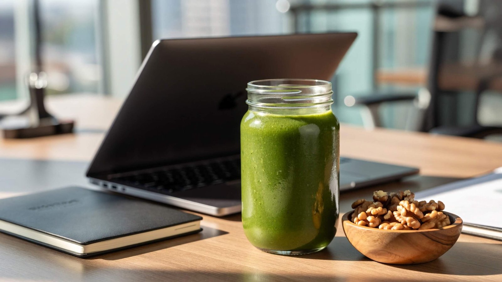 A fresh Ugu smoothie and bowl of walnuts on an office desk are part of our top healthy lifestyle tips for office workers to beat burnout
